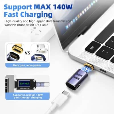 High-speed data transmission with ThunderBolt 3/4 cable for fast charging up to 140W, compatible with various devices.