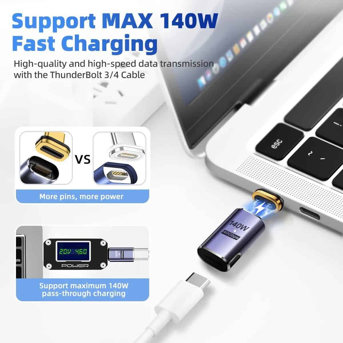High-speed data transmission with ThunderBolt 3/4 cable for fast charging up to 140W, compatible with various devices.