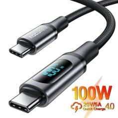 Ultra-fast 100W USB-C fast charging cable for smartphones, laptops & devices, with digital display, durable braided design, and quick charge support for efficient charging.