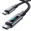 High-speed USB-C charging cable with digital display for power status and safety, compatible with various devices. Durable braided design for long-lasting use.
