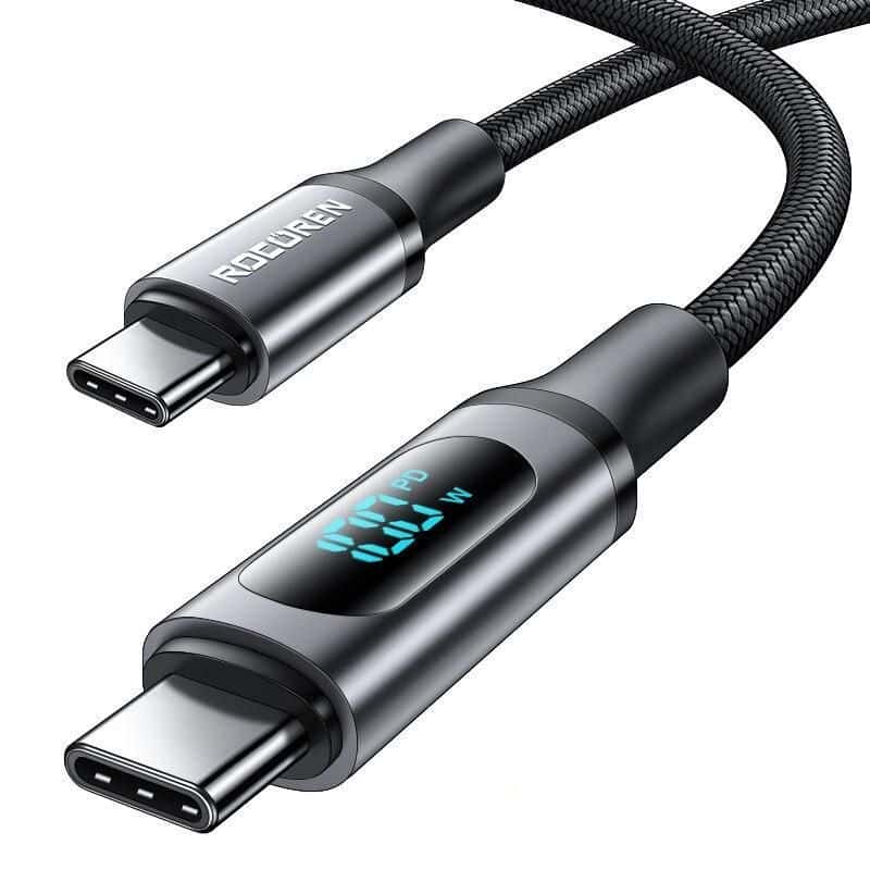 High-speed USB-C charging cable with digital display for power status and safety, compatible with various devices. Durable braided design for long-lasting use.