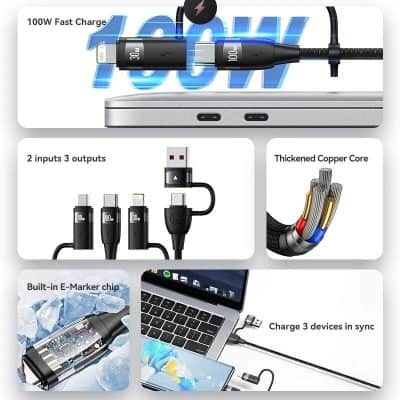 High-speed 100W fast charge USB-C to Lightning cable for quick device power-up and efficient data transfer, compatible with various electronic devices.