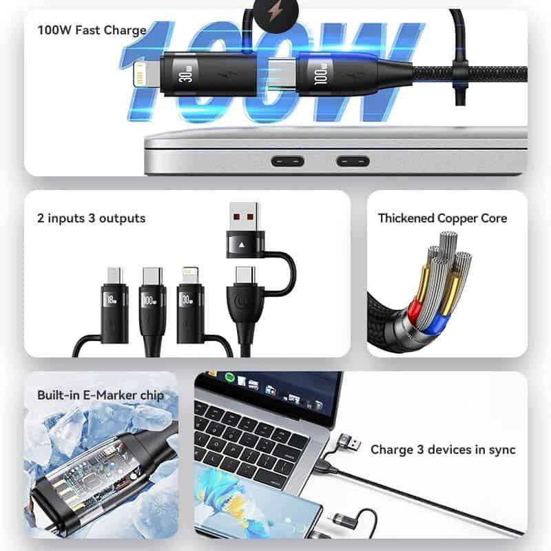 High-speed 100W fast charge USB-C to Lightning cable for quick device power-up and efficient data transfer, compatible with various electronic devices.