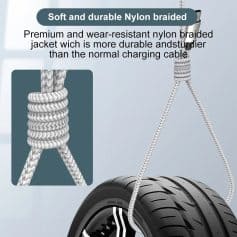 Close-up of a durable nylon braided charging cable with reinforced stress points for enhanced durability, designed to withstand daily wear and tear, perfect for reliable phone charging.