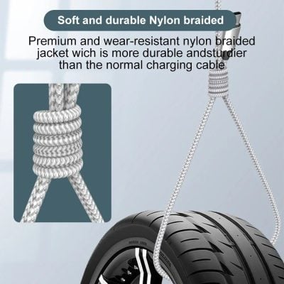 Close-up of a durable nylon braided charging cable with reinforced stress points for enhanced durability, designed to withstand daily wear and tear, perfect for reliable phone charging.