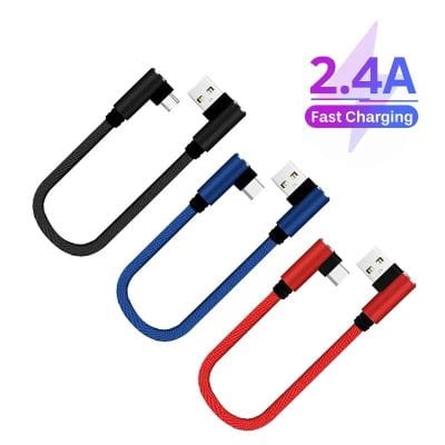 Durable USB charging cables with fast 2.4A power, available in black, blue, and red, ideal for electronic devices, compatible with various gadgets for quick and reliable charging.
