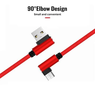 High-quality red braided USB charging cable with 90° elbow design for convenient use and durability. Perfect for fast charging and data transfer needs.