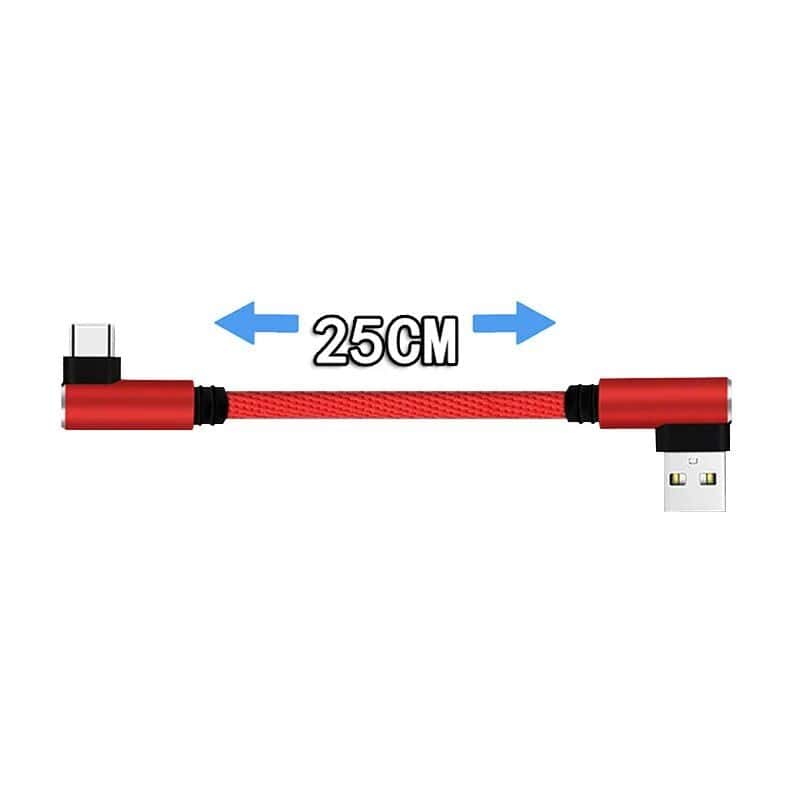 Red braided USB to Type-C charging cable, 25cm length, durable and tangle-free, ideal for fast charging and data transfer for smartphones and devices.