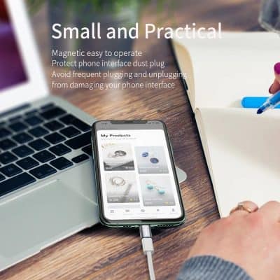 Compact magnetic phone interface dust plug protector for preventing frequent plugging damage, compatible with Monalisa Medical's opt devices.
