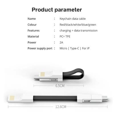 Compact white and black charging and data transfer cable, compatible with iPhone, with Micro and Type-C connectors, 2A power, 6.5cm and 12.6cm lengths, durable PC+TPE material.