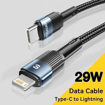 USB-C to Lightning fast charging cable for iPhone and devices, 29W power, durable braided design, high-speed data transfer, compatible with Apple products.
