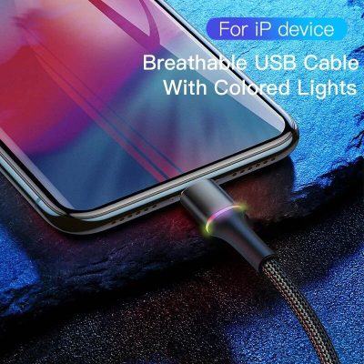 High-quality breathable USB cable with colorful lights, compatible with iPhone devices. Perfect for charging and data transfer with enhanced durability and stylish design.