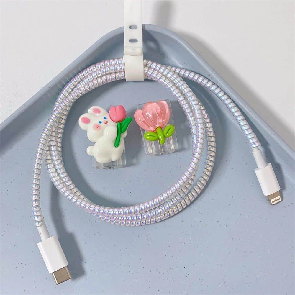 Decorative bunny and flower-shaped tech accessories with LED light cables for a charming look. Perfect for smartphone or tablet decoration, available at Monalisa Store.