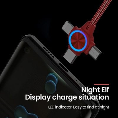 Red Night Elf multi-functional charging cable with USB, Type-C, and Micro USB connections, featuring a colorful LED ring for easy night-time visibility.