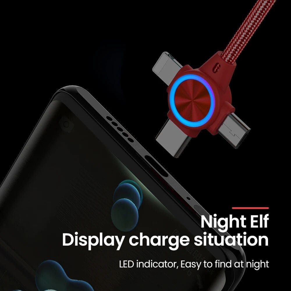 Red Night Elf multi-functional charging cable with USB, Type-C, and Micro USB connections, featuring a colorful LED ring for easy night-time visibility.