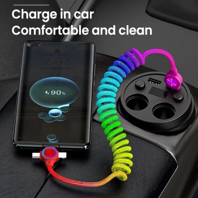 Colorful spiral charging cable connected to smartphone on car dashboard. High-speed, flexible, durable, compatible with various devices, enhances convenience during driving.