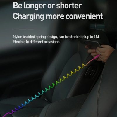 Versatile nylon braided spring charging cable, length adjusting up to 1 meter, ideal for portable electronics and car charging solutions, designed for convenience.