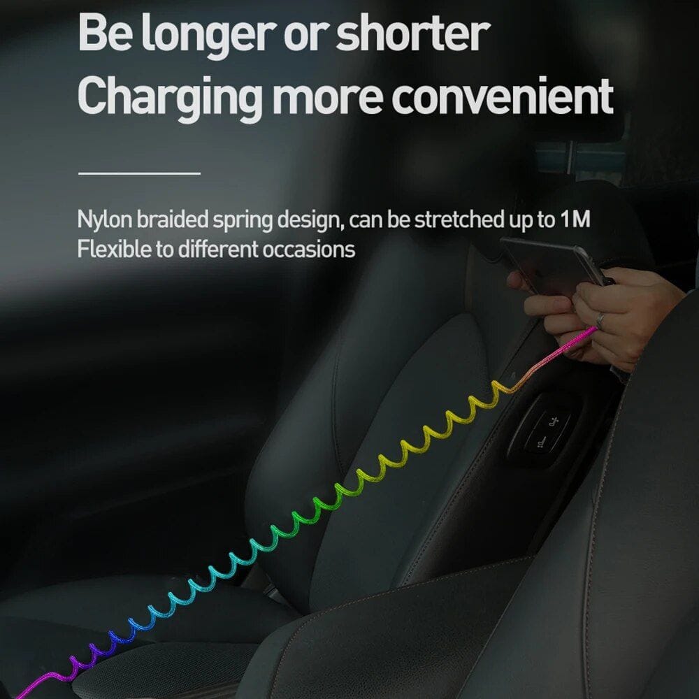 Versatile nylon braided spring charging cable, length adjusting up to 1 meter, ideal for portable electronics and car charging solutions, designed for convenience.
