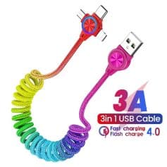 Rainbow-colored 3-in-1 USB cable for fast charging and data transfer, compatible with smartphones, tablets, and devices, featuring durable design and flexible coil.