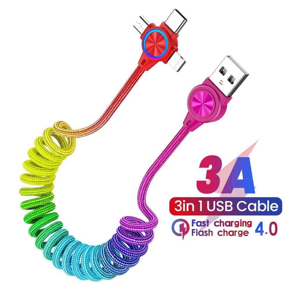 Rainbow-colored 3-in-1 USB cable for fast charging and data transfer, compatible with smartphones, tablets, and devices, featuring durable design and flexible coil.