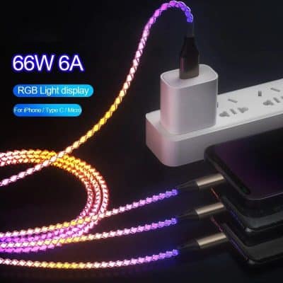 Colorful RGB charging cable for iPhone, Type C, and Micro USB with 66W 6A power, compatible with Monalisa Medical Store accessories.