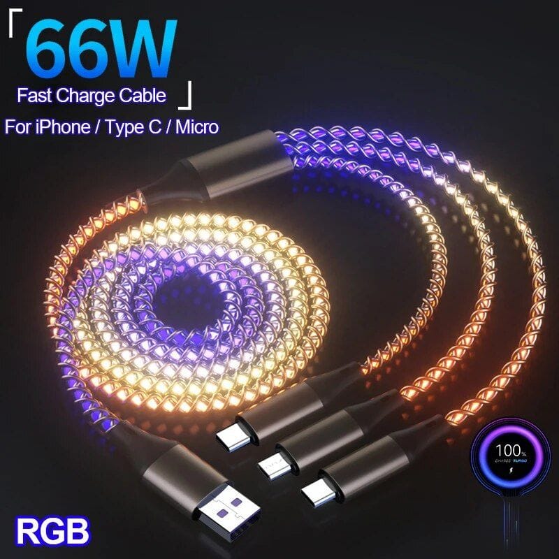 Durable RGB USB-C charging cable for iPhone, Type C, and Micro devices with 66W power delivery for fast, efficient charging and data transfer.