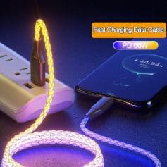 High-speed charging data cable with vibrant glowing braided design for fast phone charging and efficient data transfer. Compatible with PD 66W devices, providing reliable power and style.