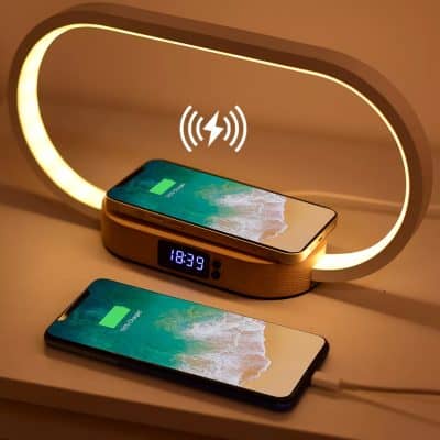 Wireless charging pad for smartphones, stylish wooden design with LED clock display. Perfect for fast and convenient charging at home or office. Compatible with all Qi-enabled devices.
