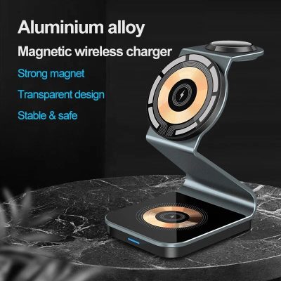 High-quality magnetic wireless charger with aluminum alloy design, strong magnet, transparent look, and secure safety features, perfect for modern tech accessories.