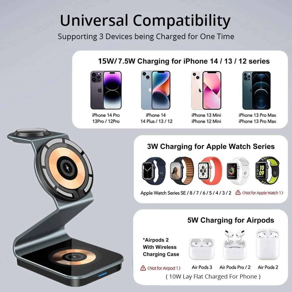 Versatile universal charger for iPhone 14, 13, 12 series, Apple Watch, and AirPods with fast charging capabilities. Compatible with multiple Apple devices, ensuring efficient power supply and convenience.