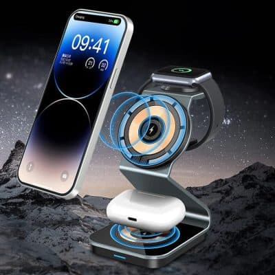 High-speed wireless charging station for smartphones and smartwatches with fast-charging capability. Compatible with multiple devices, sleek design, and durable build.