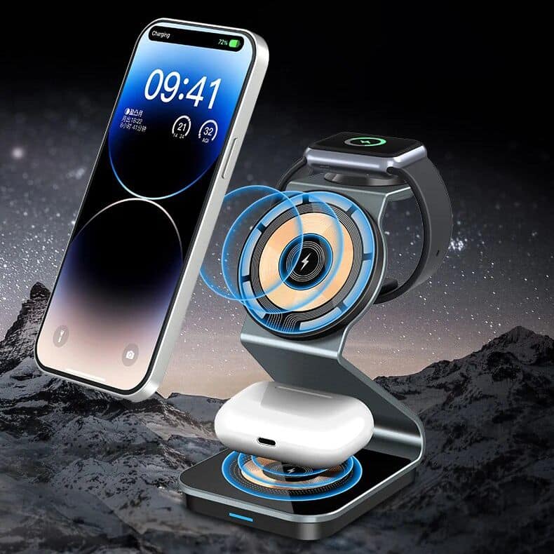 High-speed wireless charging station for smartphones and smartwatches with fast-charging capability. Compatible with multiple devices, sleek design, and durable build.