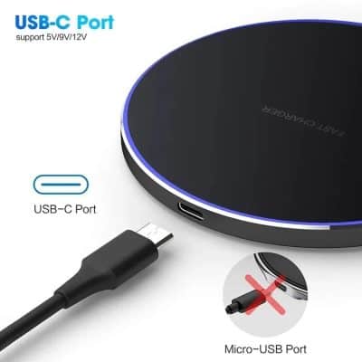 Fast wireless charging pad compatible with various devices, featuring USB-C support and easy-to-use design, ideal for home or office use.