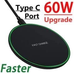 Wireless charging pad compatible with Type-C port, 60W upgrade for fast, efficient charging of smartphones and devices. Sleek black design with green accents for modern tech lovers.
