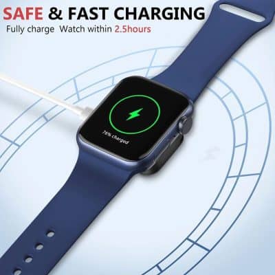 Wireless smart watch charging station for fast, safe, and efficient power, compatible with Apple and Fitbit devices, delivers full charge within 2.5 hours, ideal for health monitoring and fitness.