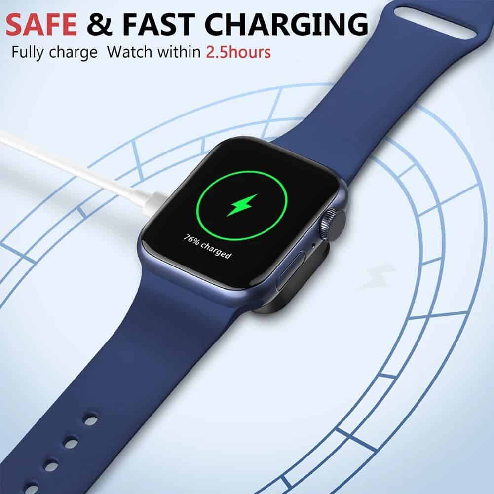 Wireless smart watch charging station for fast, safe, and efficient power, compatible with Apple and Fitbit devices, delivers full charge within 2.5 hours, ideal for health monitoring and fitness.