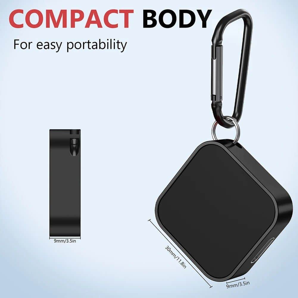 Compact Bluetooth locator device for keys, wallet, and personal belongings, lightweight and portable with carabiner clip.