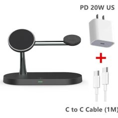 Smart wireless charging station compatible with glasses, featuring fast charging 20W, USB-C power adapter, and 1M charging cable – ideal for optical accessories and tech enthusiasts.
