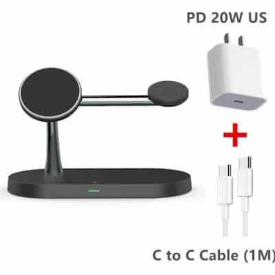 Smart wireless charging station compatible with glasses, featuring fast charging 20W, USB-C power adapter, and 1M charging cable – ideal for optical accessories and tech enthusiasts.