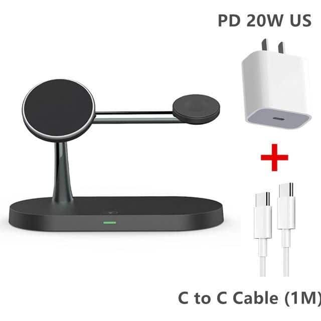 Smart wireless charging station compatible with glasses, featuring fast charging 20W, USB-C power adapter, and 1M charging cable – ideal for optical accessories and tech enthusiasts.