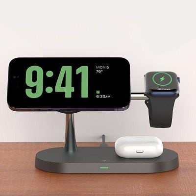 A sleek charging station with a smartphone, smartwatch, and wireless earbuds, ideal for tech enthusiasts and busy professionals.