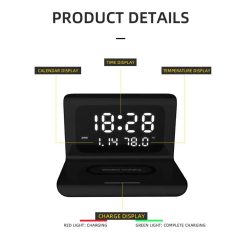 Modern digital alarm clock featuring large LED display, wireless charging pad, temperature sensor, and date/time functions for home or office.
