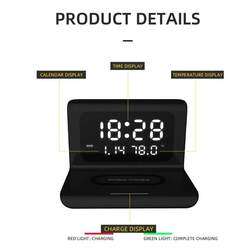 Modern digital alarm clock featuring large LED display, wireless charging pad, temperature sensor, and date/time functions for home or office.