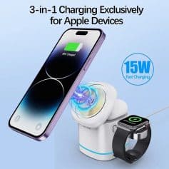 Efficient 3-in-1 charging station for Apple devices including iPhone, Apple Watch, and AirPods. Fast 15W charging technology ensures quick power-ups for your Apple products.