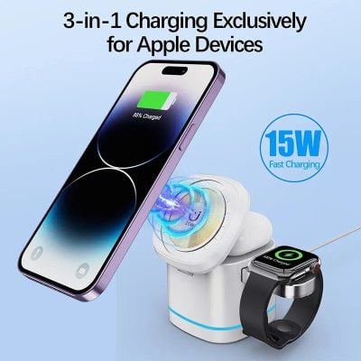 Efficient 3-in-1 charging station for Apple devices including iPhone, Apple Watch, and AirPods. Fast 15W charging technology ensures quick power-ups for your Apple products.