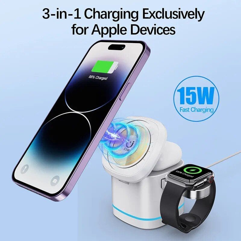 Efficient 3-in-1 charging station for Apple devices including iPhone, Apple Watch, and AirPods. Fast 15W charging technology ensures quick power-ups for your Apple products.