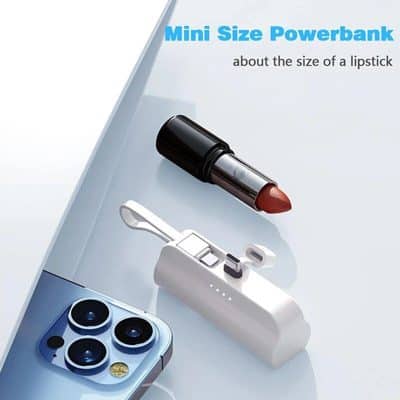 Small portable powerbank for on-the-go charging. Compact size, about the size of a lipstick. Reliable energy source for your devices anytime, anywhere.
