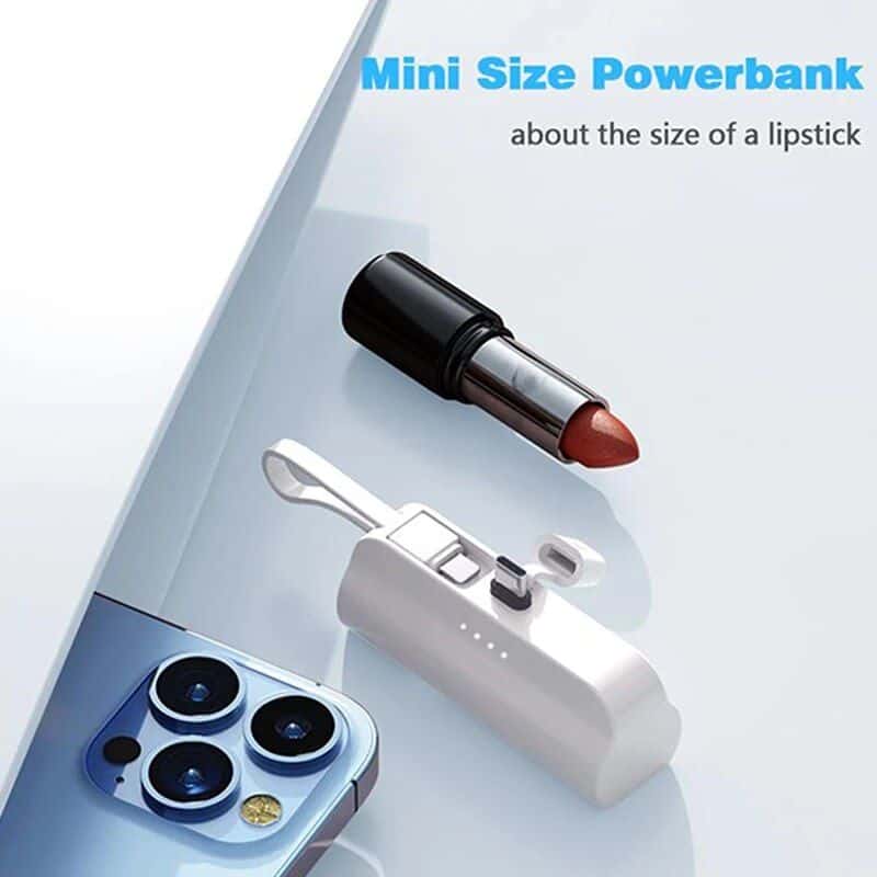 Small portable powerbank for on-the-go charging. Compact size, about the size of a lipstick. Reliable energy source for your devices anytime, anywhere.