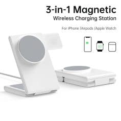 Wireless charging station for iPhone, AirPods, Apple Watch - fast, portable, stylish. Compatible with multiple Apple devices, easy to use, cordless charging with sleek modern design.