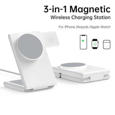 Wireless charging station for iPhone, AirPods, Apple Watch - fast, portable, stylish. Compatible with multiple Apple devices, easy to use, cordless charging with sleek modern design.